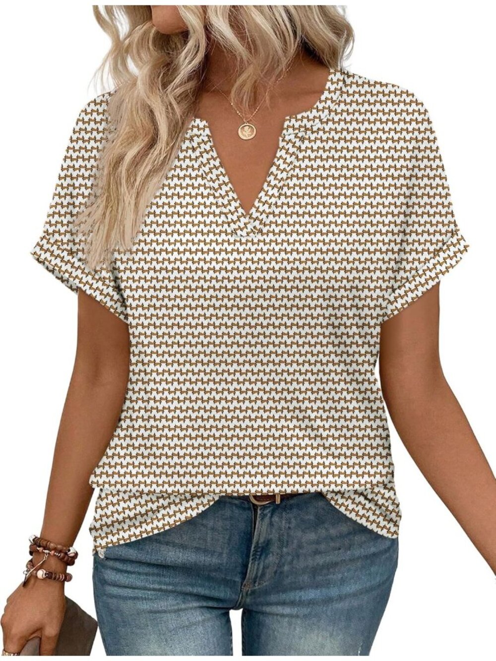 Women's T-Shirts Beige Labyrinth V Neck Short Sleeve Casual Dressy Comfort